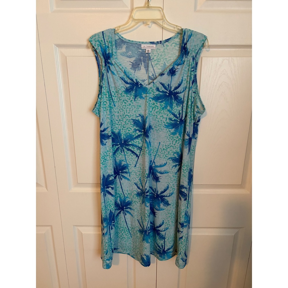 LA Threads Womens XL‎ Blue Teal Tropical Palm Tree Leopard Print V-Neck Dress